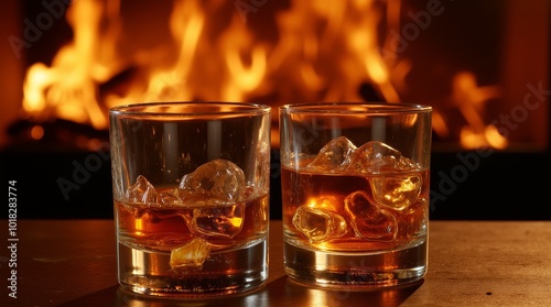 Two Glasses of Whiskey With Ice in Front of a Cozy Fireplace During a Winter Evening