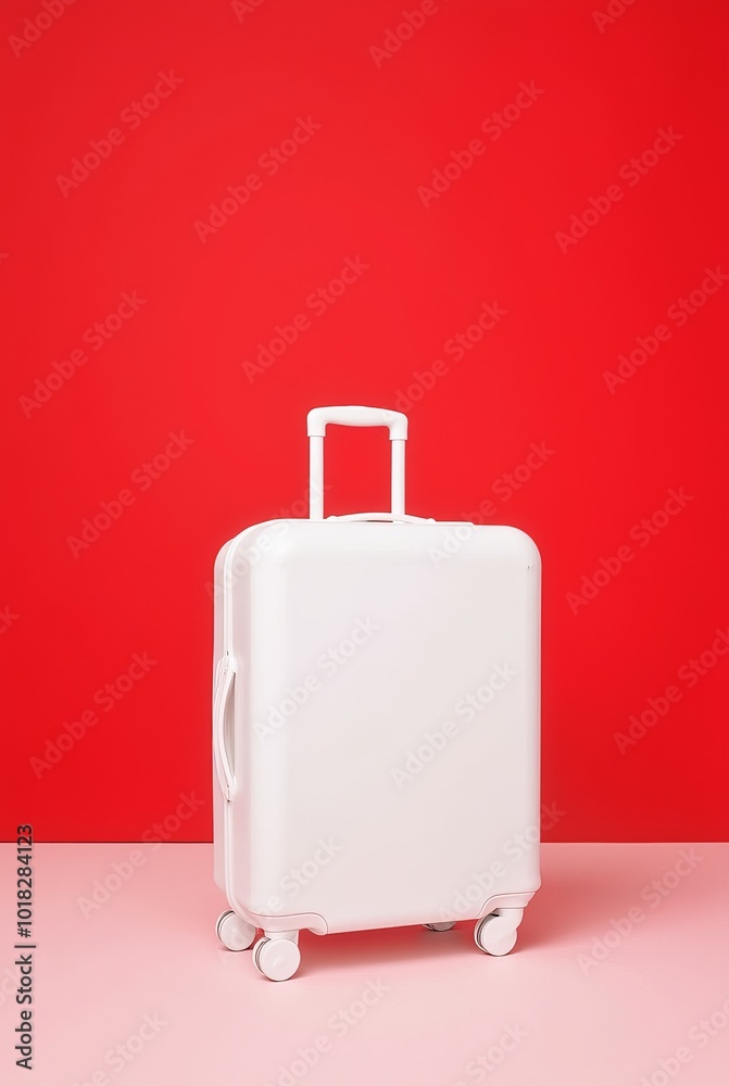 A Sleek White Suitcase on a Vibrant Red Background in a Modern Setting A Sleek White Suitcase on a Vibrant Red Background in a Modern Setting