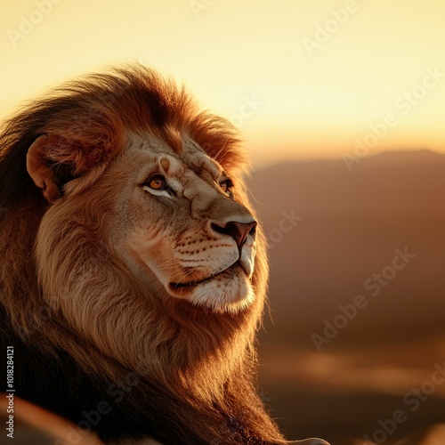 Majestic lion gazing into the sunset, showcasing its regal presence. photo