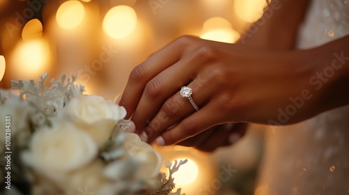  Hands holding wedding rings surrounded by candlelight and white roses, symbolizing love and commitment.