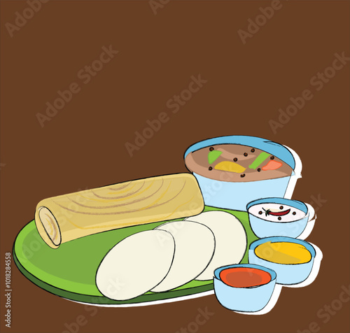 illustration of a healthy breakfast. Masala Dosa, idle with sambhar. Indian street Food Vector, illustration, colorful graphic