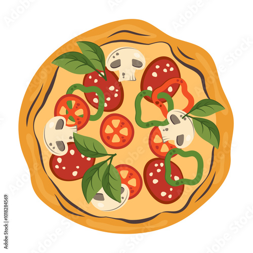 Pizza isolated on white background. Pepperoni pizza with mushrooms slice, sausage, pepper, tomatos, basil. Delicious Italian fast food with melted cheese. Vector flat illustration for delivery, cafe