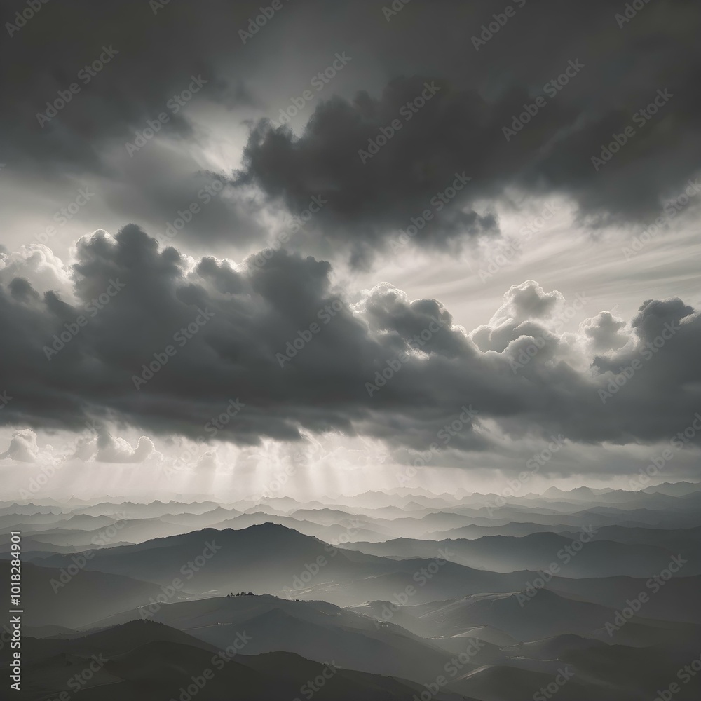 Obraz premium A moody sky with heavy gray clouds and soft sunlight peeking through, creating a dramatic contrast between light and shadow 