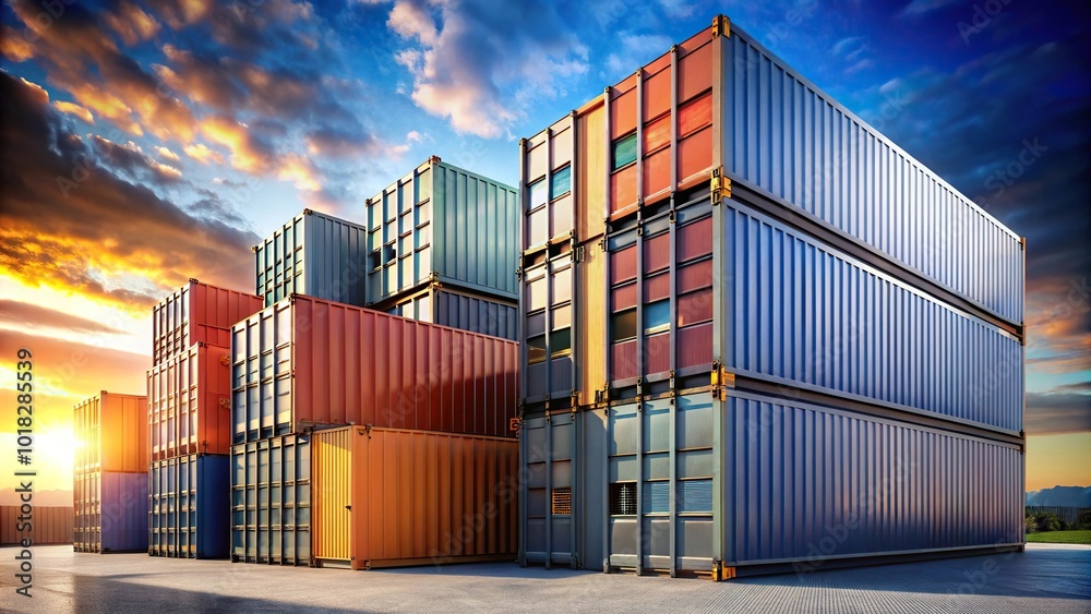 Fototapeta premium Modern metal building made of shipping containers with sky background