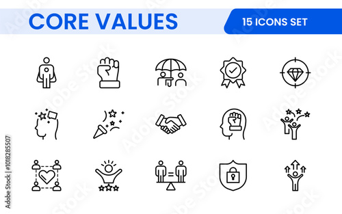 Core Values outline icons set. Core, values, business, leadership, goals, target, client, quality, success, responsibility and quality.