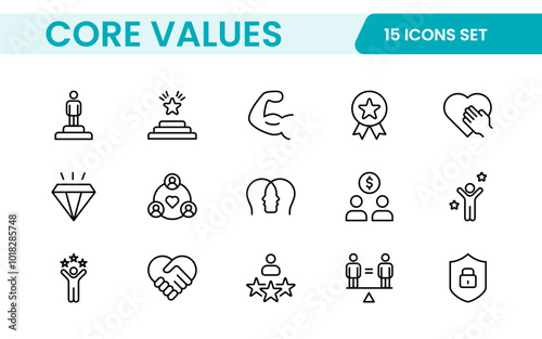 Core Values outline icons set. Core, values, business, leadership, goals, target, client, quality, success, responsibility and quality.
