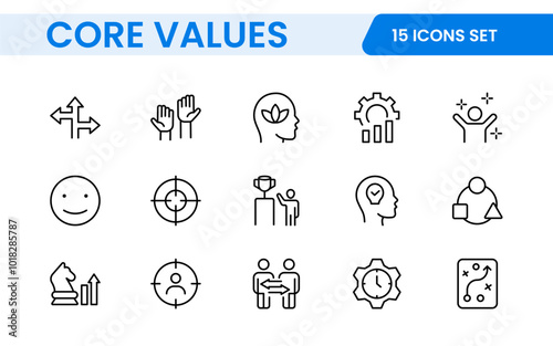 Core Values outline icons set. Core, values, business, leadership, goals, target, client, quality, success, responsibility and quality.