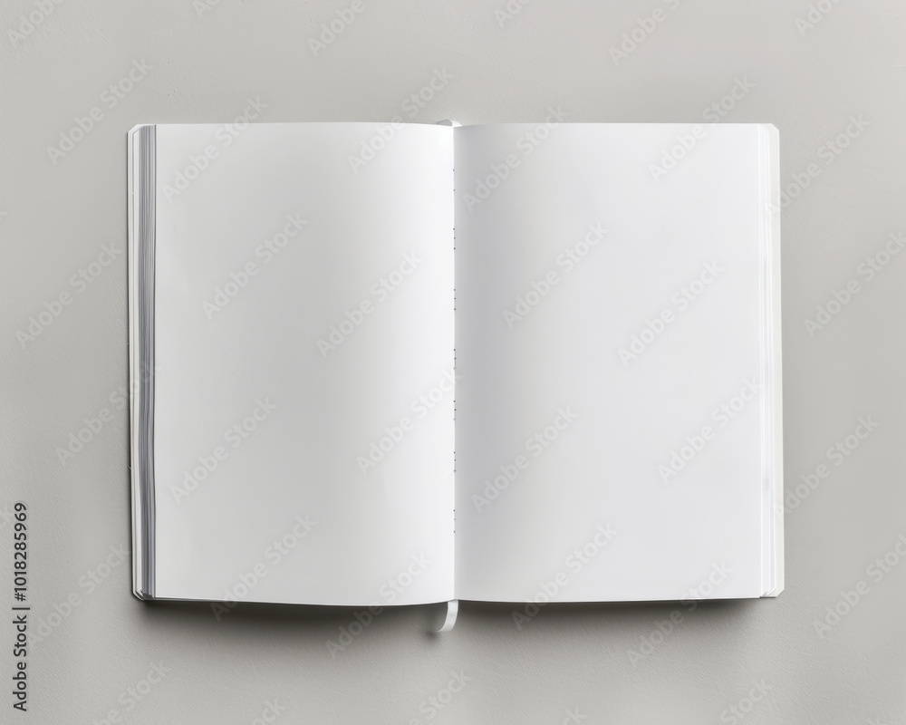 A white open book or notebook with an open, blank page, isolated on a light background. Mockup for design and text. A white open book or notebook with an open, blank page, isolated on a light background. Mockup for design and text.