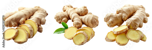 Fresh ginger root slices isolated on transparent PNG background image perfect for food-themed illustrations or spice designs photo