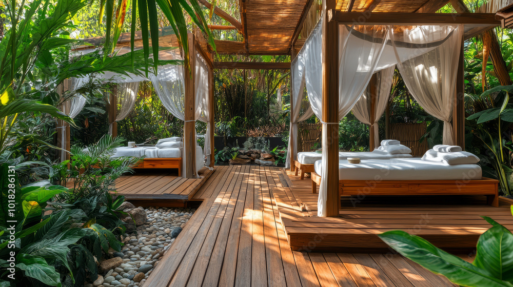 Fototapeta premium A tranquil outdoor aroma spa with a wooden deck surrounded by lush greenery, massage beds under canopies, and soothing sounds of nature enhancing the peaceful experience