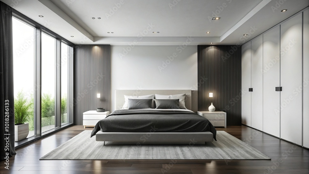 Fototapeta premium Modern minimalist bedroom with black and white color scheme from a low angle view