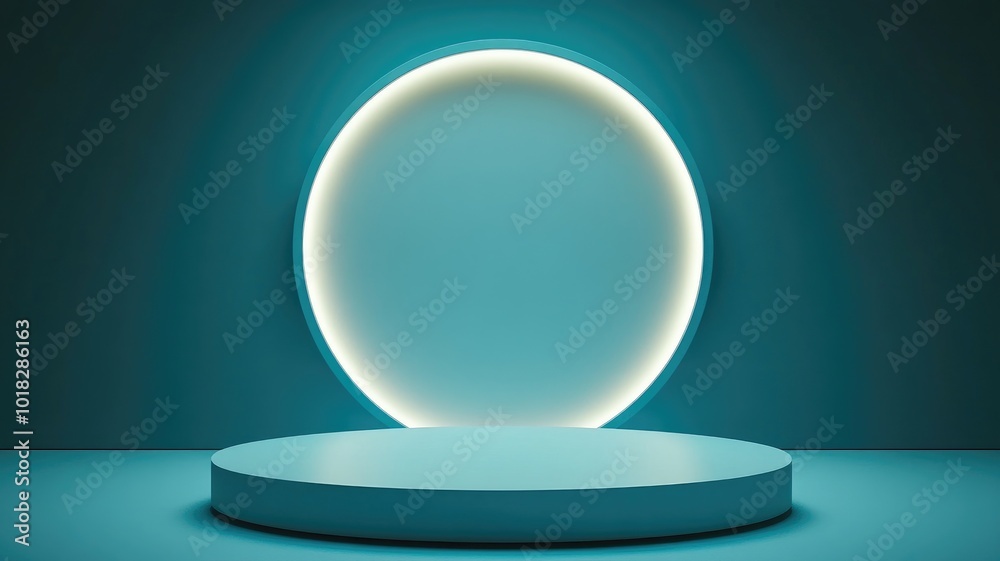 Teal Circular Platform with Glowing Oval in Minimalist Setting Teal Circular Platform with Glowing Oval in Minimalist Setting