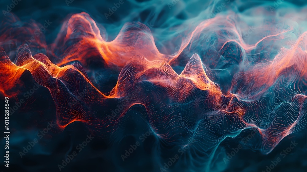 An Abstract Representation of Sound Waves: Vibrant Peaks and Fluid Motion Captured in a Dazzling Display of Colors and Shapes.