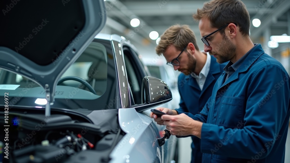 Engineers conduct precise diagnostics on electric car wiring in a high-tech, organized workspace, showcasing advanced technology and design.