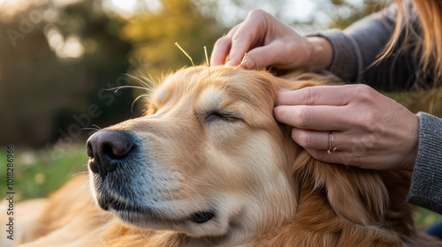 A veterinarian practicing integrative medicine, performing acupuncture on a calm dog, blending traditional and alternative approaches to pet health