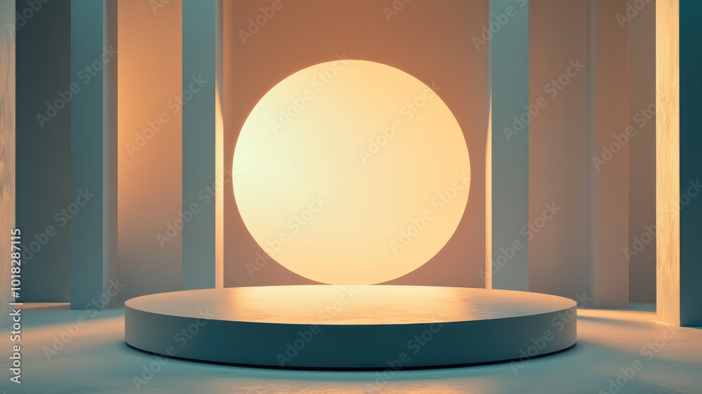 A Circular Platform in a Minimalist Room with a Large Oval Light Source A Circular Platform in a Minimalist Room with a Large Oval Light Source