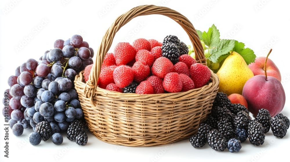 A wicker basket overflowing with a variety of fresh fruits, including grapes, raspberries, blackberries, pears, and peaches, isolated on a white background. A wicker basket overflowing with a variety of fresh fruits, including grapes, raspberries, blackberries, pears, and peaches, isolated on a white background.