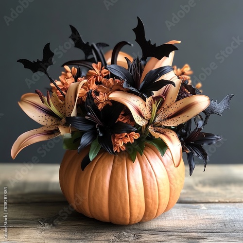 A spooky vase filled with Halloween-themed flowers, featuring dark blooms, pumpkins, and cobweb accents, perfect for eerie seasonal decor photo