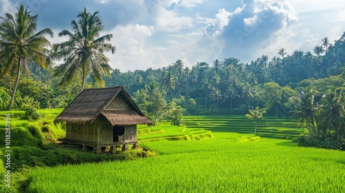 Lush green rice fields extending to the horizon with a small wooden hut nestled in the middle.