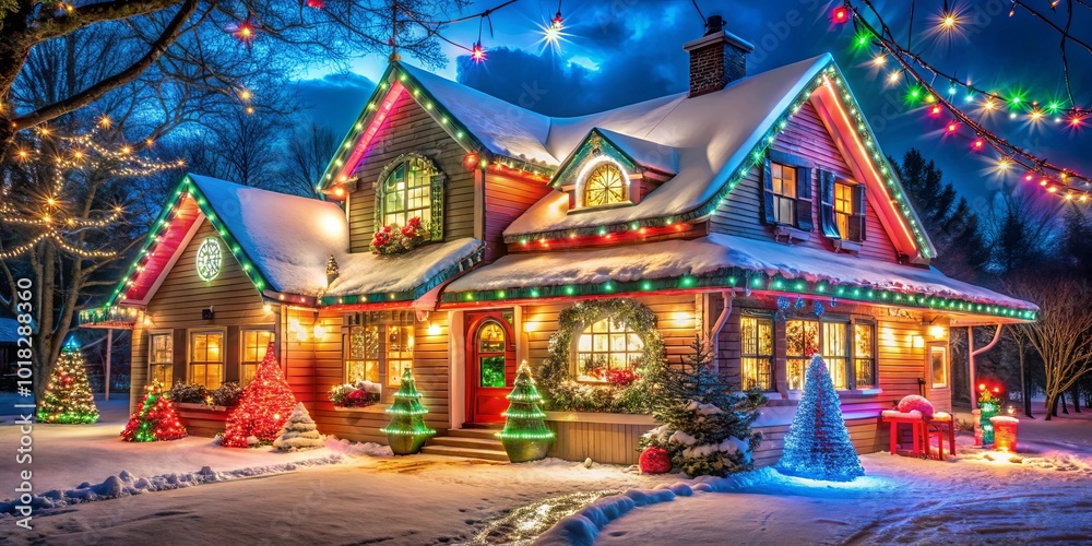 A cozy wooden house, adorned with festive lights, stands proudly in a snowy landscape, radiating warmth and cheer on a winter evening. A cozy wooden house, adorned with festive lights, stands proudly in a snowy landscape, radiating warmth and cheer on a winter evening.