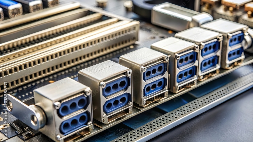 A close-up perspective of a metallic component with a series of blue connectors on a sleek black surface.  The connectors are arranged in a row and appear to be attached to a larger circuit board.
