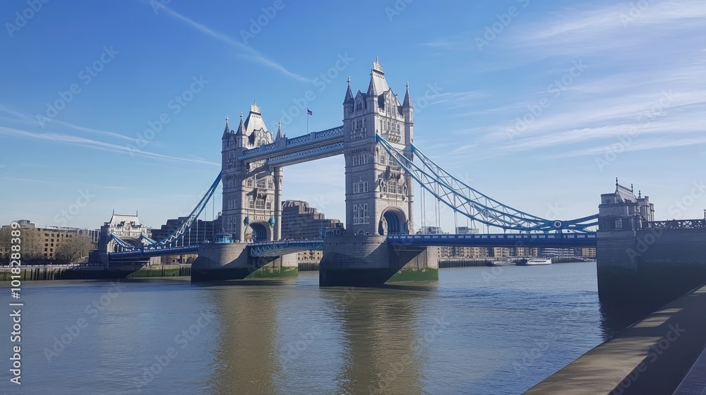 Obraz premium A wide shot of the iconic Tower Bridge in London, England, on a bright sunny day with clear blue skies and calm waters of the River Thames.