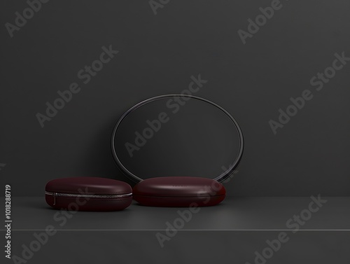 Minimalist black background, small round mirror, maroon case, left side, dark grey backdrop, high-res, sharp focus photo