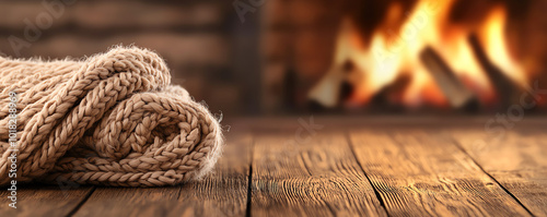 Soothing winter evening by a cozy fireplace, a soft wool blanket and the calming crackle of wood adding to the relaxation photo