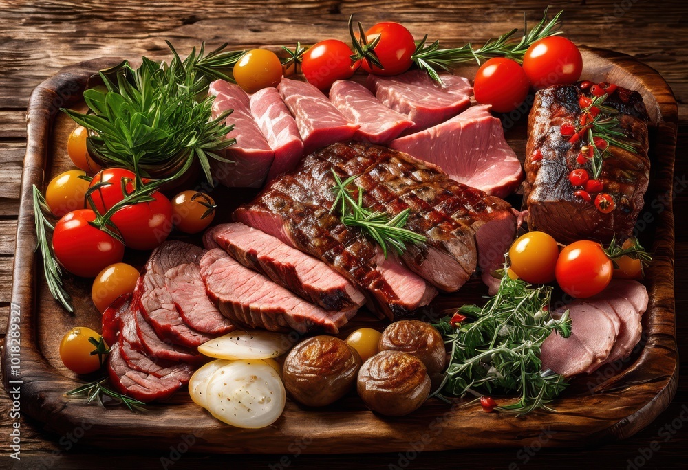 vibrant close assorted meat platter showcasing various garnishes, assortment, gourmet, charcuterie, presentation, display, culinary, feast, arrangement vibrant close assorted meat platter showcasing various garnishes, assortment, gourmet, charcuterie, presentation, display, culinary, feast, arrangement