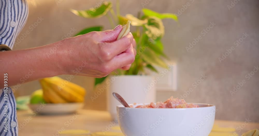 Woman Shaping Homemade Ravioli in Modern Kitchen Woman Shaping Homemade Ravioli in Modern Kitchen