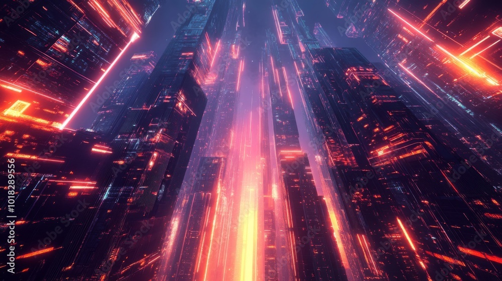 Naklejka premium A futuristic cityscape with tall buildings lit by neon lights.