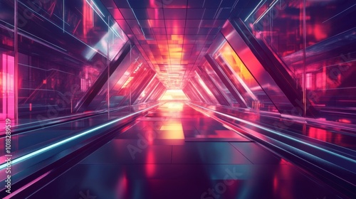 Futuristic Neon-Lit Corridor with Triangular Walls