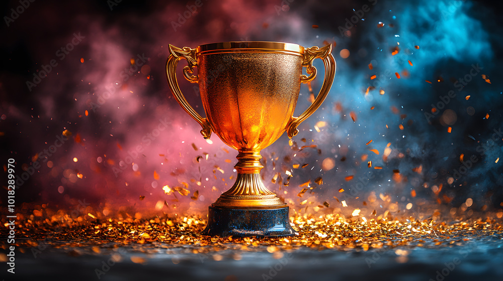 A golden trophy with glitter and light effects shining brightly, symbolizing success and achievement. The trophy’s metallic surface reflects the light, creating a sparkling and celebratory atmosphere. A golden trophy with glitter and light effects shining brightly, symbolizing success and achievement. The trophy’s metallic surface reflects the light, creating a sparkling and celebratory atmosphere.