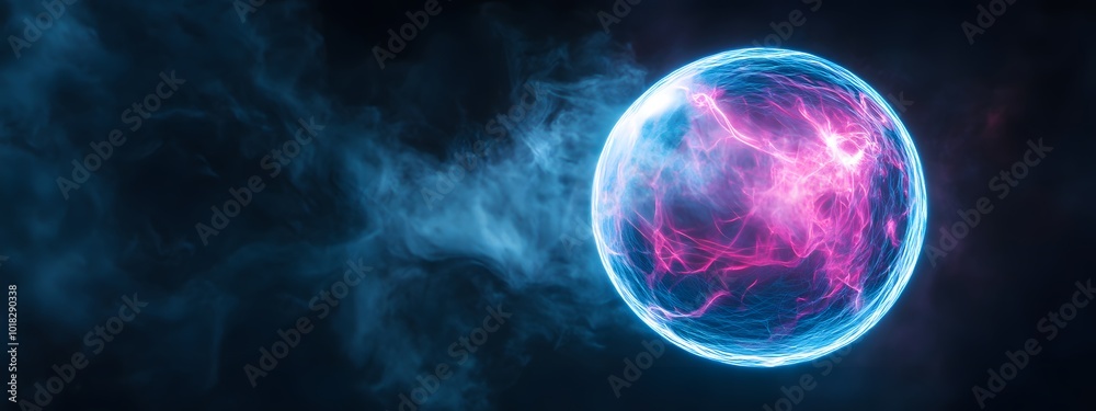 A glowing blue energy sphere with pink, red and purple highlights on a black background A glowing blue energy sphere with pink, red and purple highlights on a black background