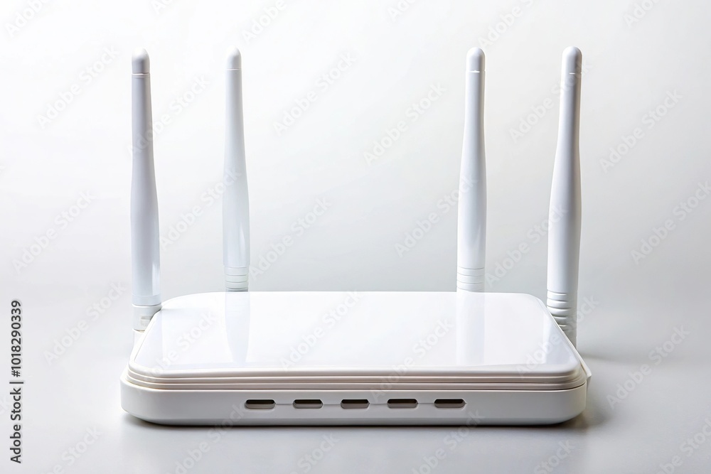 Modern white wireless router close-up with dual antennas and multiple ports for high speed internet connectivity Modern white wireless router close-up with dual antennas and multiple ports for high speed internet connectivity
