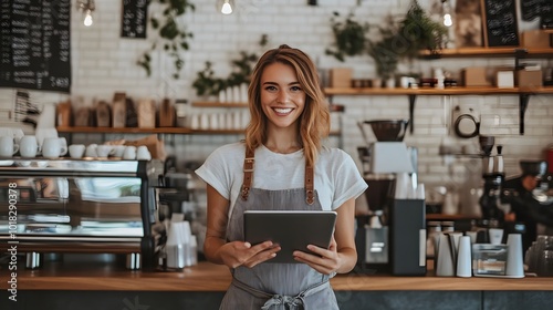 36. A model holding a sleek tablet in a stylish coffee shop