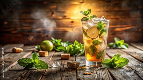 Mojito cocktail and iced tea glasses on wooden table with condensation, warm glow reflected