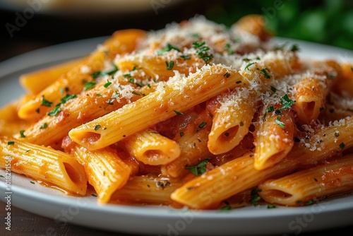 mouthwatering penne alla vodka pasta dish with creamy pink tomato sauce garnished with fresh herbs and grated cheese presented on a pristine white plate