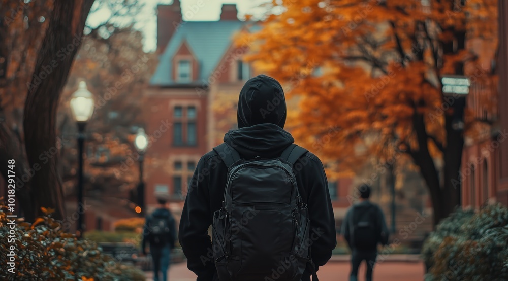 Student Walking Through American University Campus in Autumn, Observing Red Brick Architecture and Fall Foliage at Sunset Student Walking Through American University Campus in Autumn, Observing Red Brick Architecture and Fall Foliage at Sunset