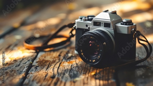 Vintage camera on the wooden background photo