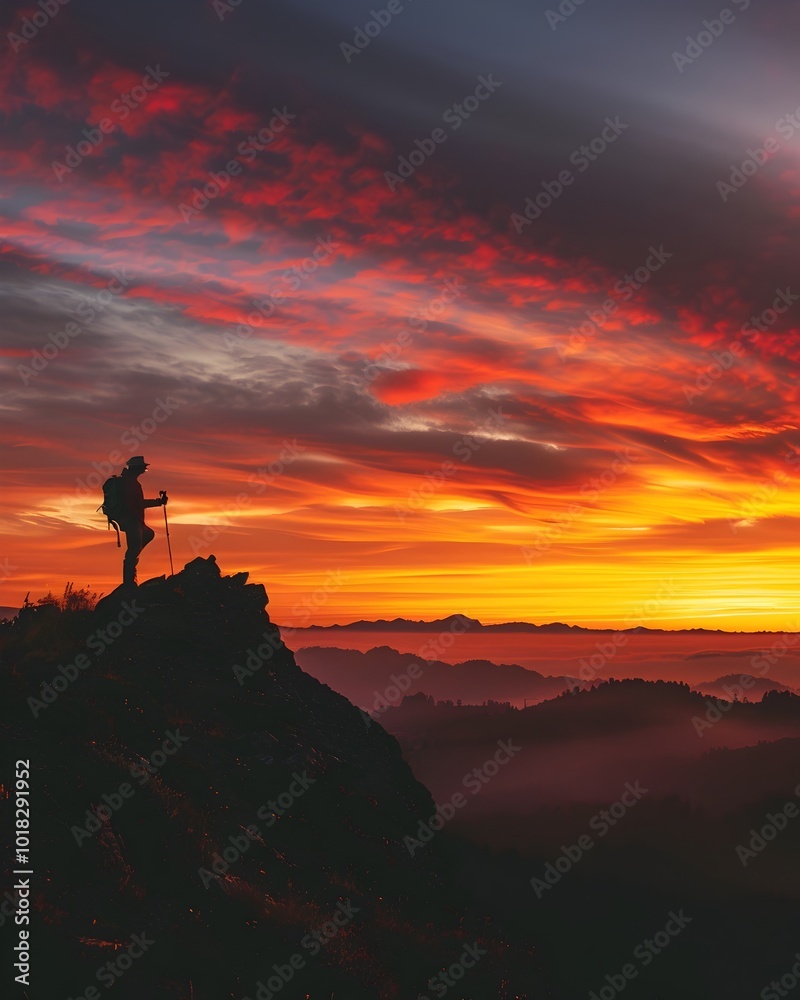 Silhouetted Hiker Atop Scenic Mountain Ridge at Fiery Sunset Silhouetted Hiker Atop Scenic Mountain Ridge at Fiery Sunset