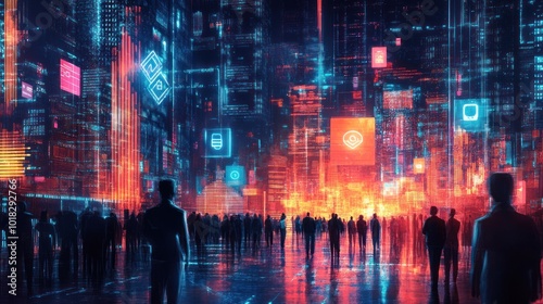 A futuristic cityscape with glowing neon signs and a crowd of people.