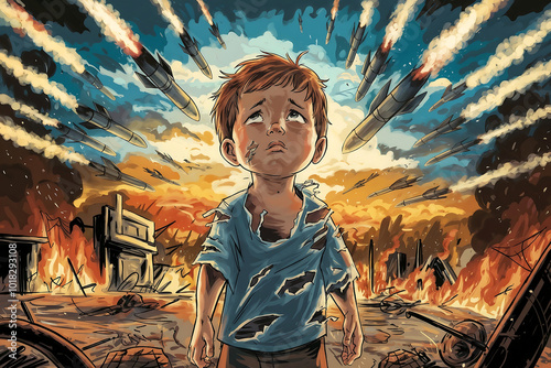 Heart-Wrenching Illustration of a Sad Child Gazing at a Sky Filled with Military Rockets – Powerful Depiction of War's Impact on Innocence