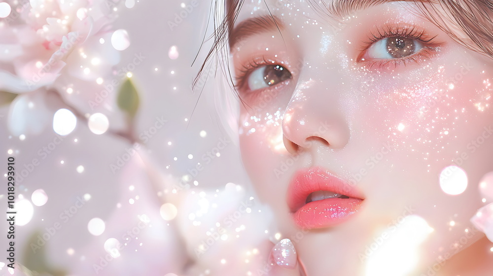 Pink Blossom Beauty: Dreamy portrait of a young woman surrounded by delicate pink flowers, sparkling with ethereal light. A captivating image evoking romance, serenity, and springtime freshness. Pink Blossom Beauty: Dreamy portrait of a young woman surrounded by delicate pink flowers, sparkling with ethereal light. A captivating image evoking romance, serenity, and springtime freshness.