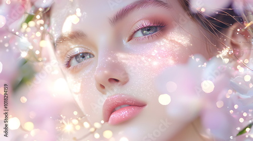 Enchanted Beauty: A Close-up Portrait of a Young Woman with Peach Makeup and Floral Accents 