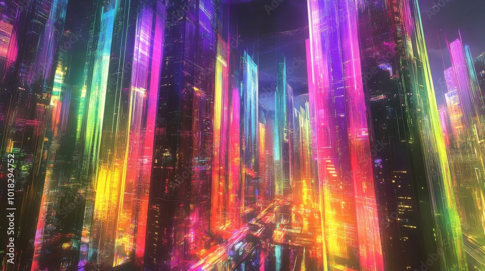 Futuristic Cityscape with Vibrant Neon Lights and Towering Buildings Futuristic Cityscape with Vibrant Neon Lights and Towering Buildings