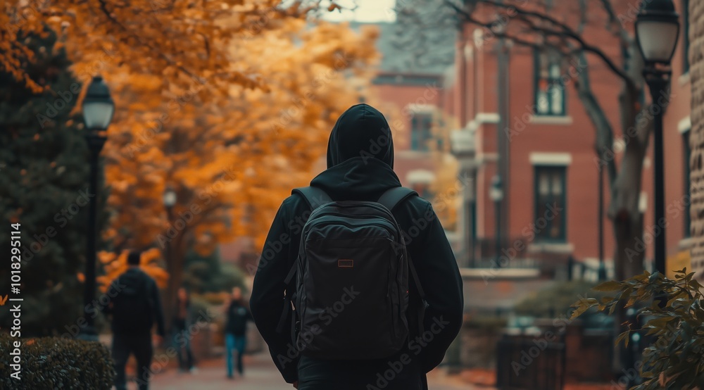 Student Walking Through American University Campus in Autumn, Observing Red Brick Architecture and Fall Foliage at Sunset Student Walking Through American University Campus in Autumn, Observing Red Brick Architecture and Fall Foliage at Sunset