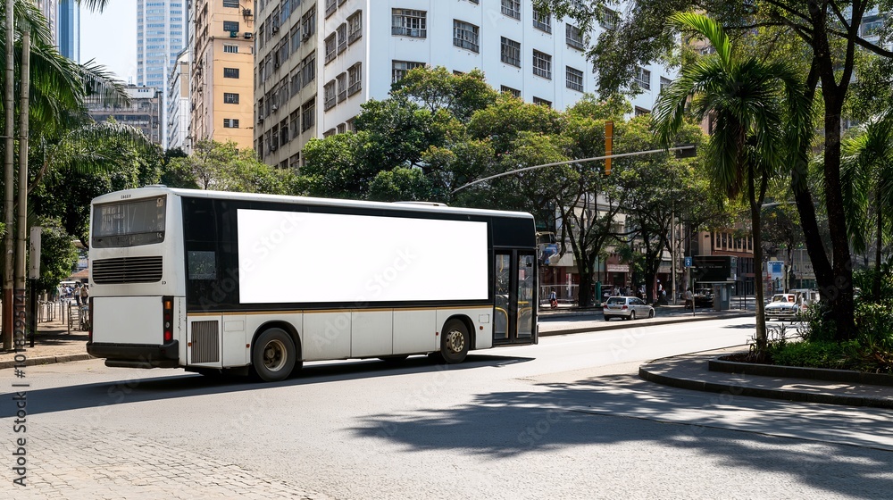 Fototapeta premium Urban Bus on City Street with Blank Side Panel
