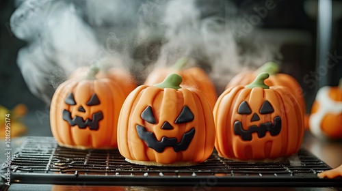 Pumpkin-shaped Halloween cakes just pulled from the oven, with spooky icing decorations and festive decor
