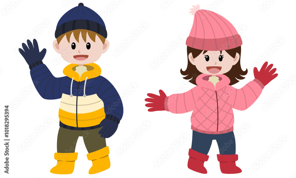 Cute Kids In Winter Clothes, Smiling And Waving Hand, Vector Illustration, Cartoon Style. Little Boy And Little Girl. Cute Kids In Winter Clothes, Smiling And Waving Hand, Vector Illustration, Cartoon Style. Little Boy And Little Girl.